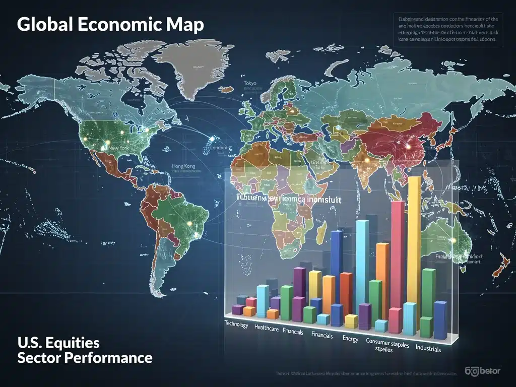 Global economic map with U.S. sector performance charts, illustrating intra-market diversification
