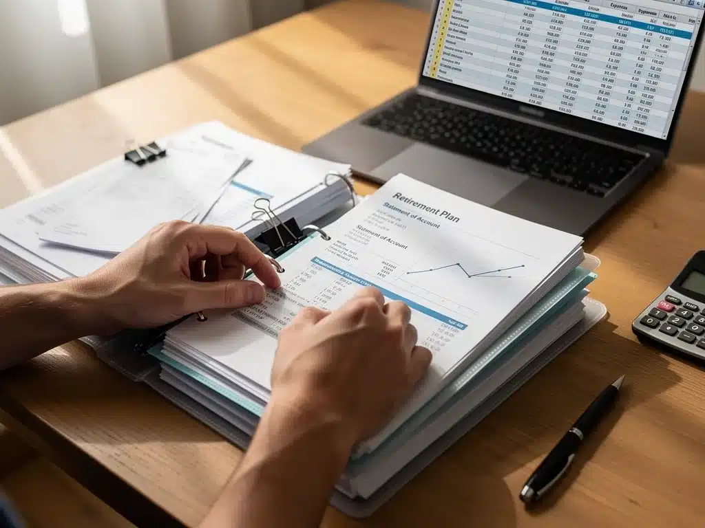 Individual organizing financial documents for retirement planning and future Social Security