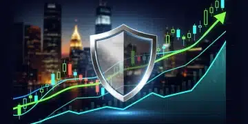 Strategic investment shield over volatile stock market chart, U.S. equities 2026