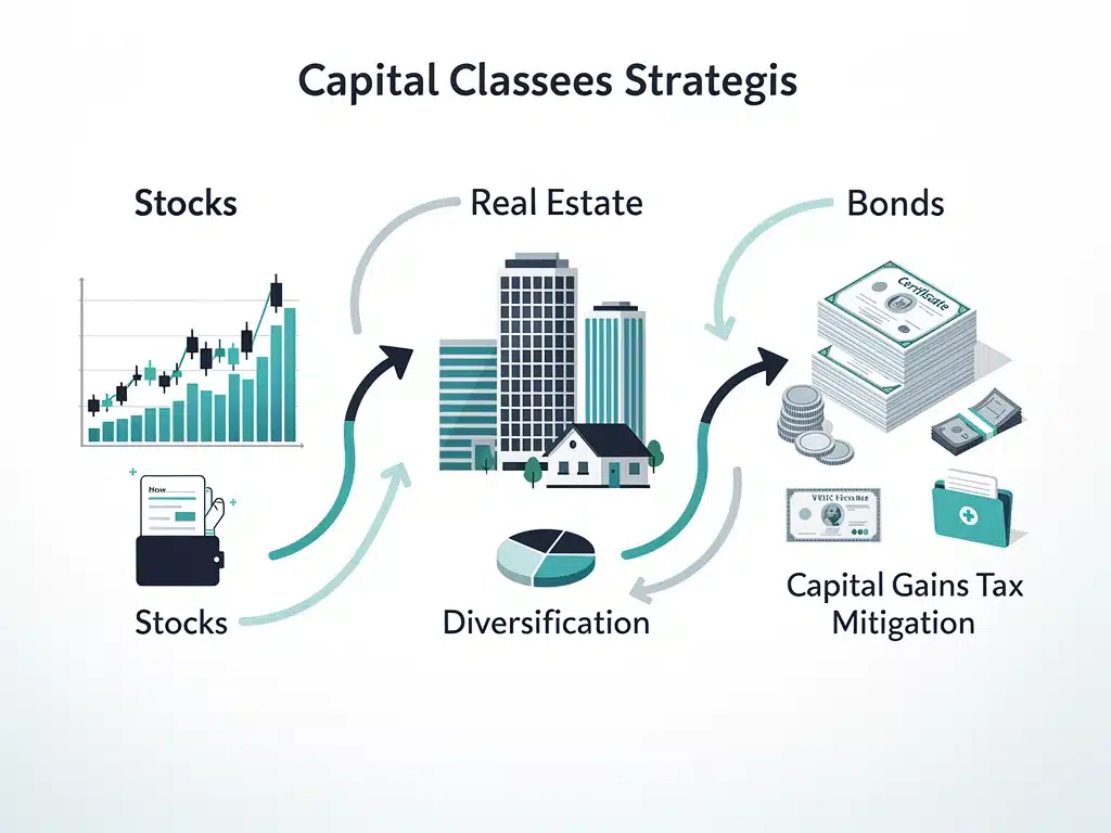Diversified asset classes with arrows showing strategic reallocation for capital gains tax mitigation.