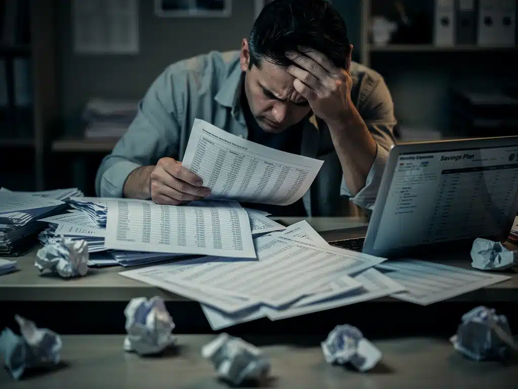 Stressed individual reviewing financial documents, highlighting planning errors