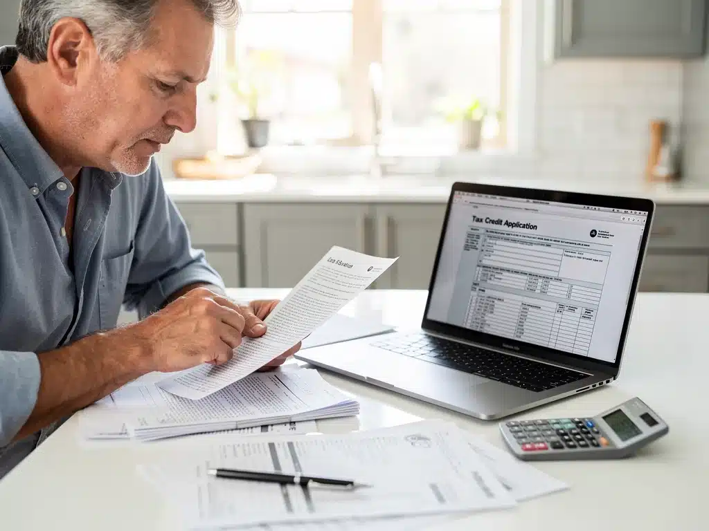 Homeowner reviewing tax documents for 2026 federal tax credits.