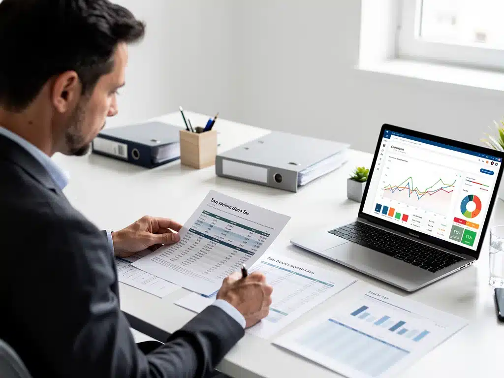 Investor reviewing financial documents and laptop, planning for 2026 capital gains tax changes.