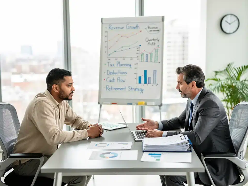 Small business owner consulting financial advisor on 2026 tax credits.